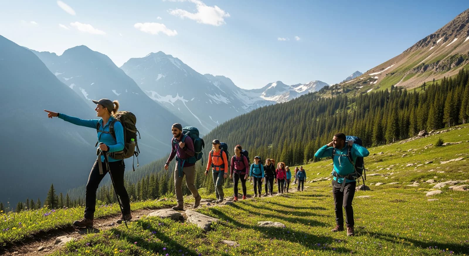 Groupe de randonneurs sur un sentier de montagne