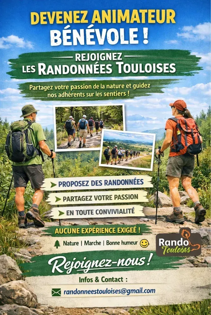 Affiche : devenez animateur bénévole aux Randonnées Touloises. Proposez des randonnées, partagez votre passion, en toute convivialité. Aucune expérience exigée.